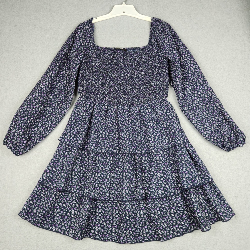 BTFBM Fit  & Flare Dress Womens L Blue Floral Smocked Chest Tiered Square Neck